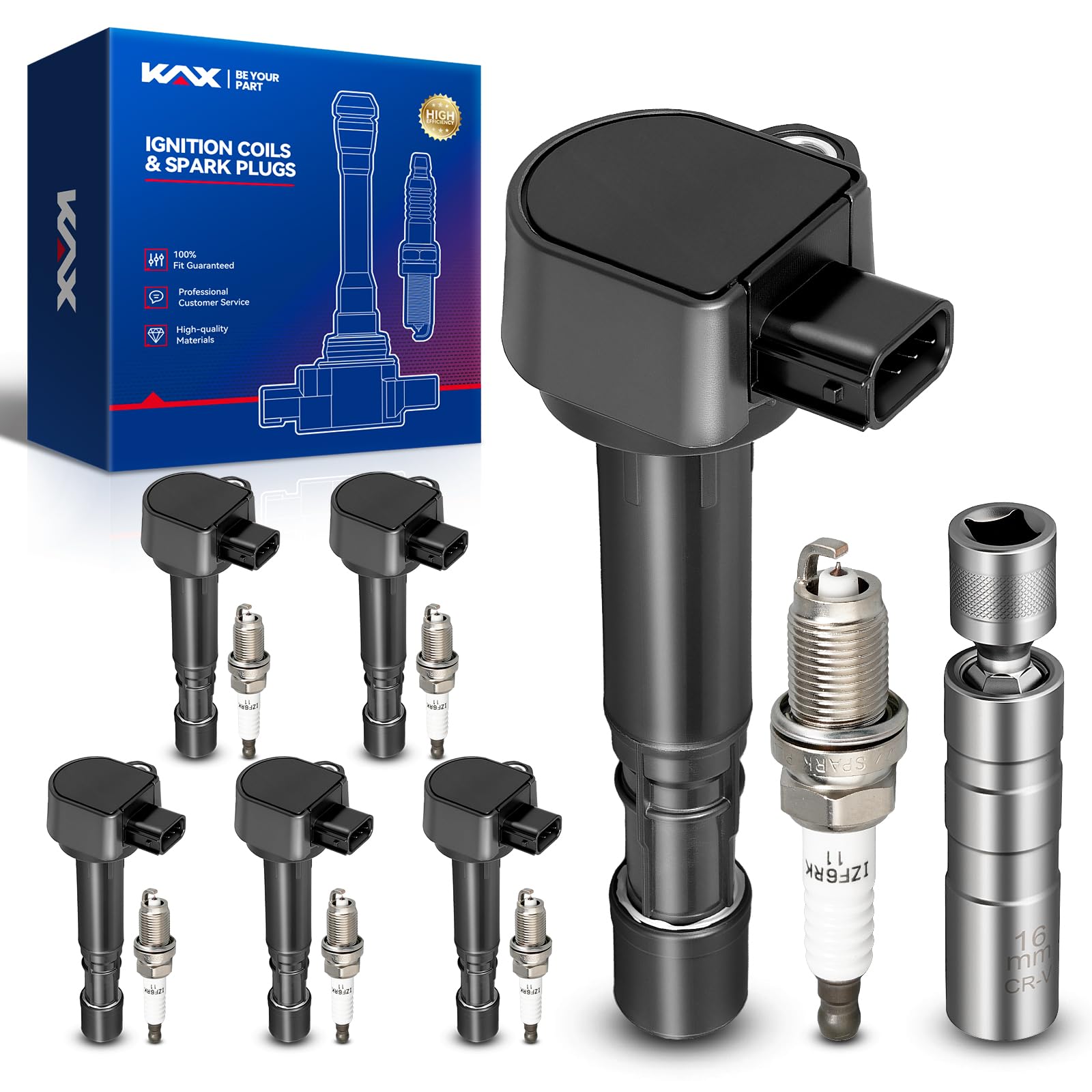 KAX Set of 6 Coil Pack & Iridium Spark Plugs w/Magnetic Socket for Honda Pilot 2006-2008, MDX 2003-2006, Ridgeline 2006-2008, Sa