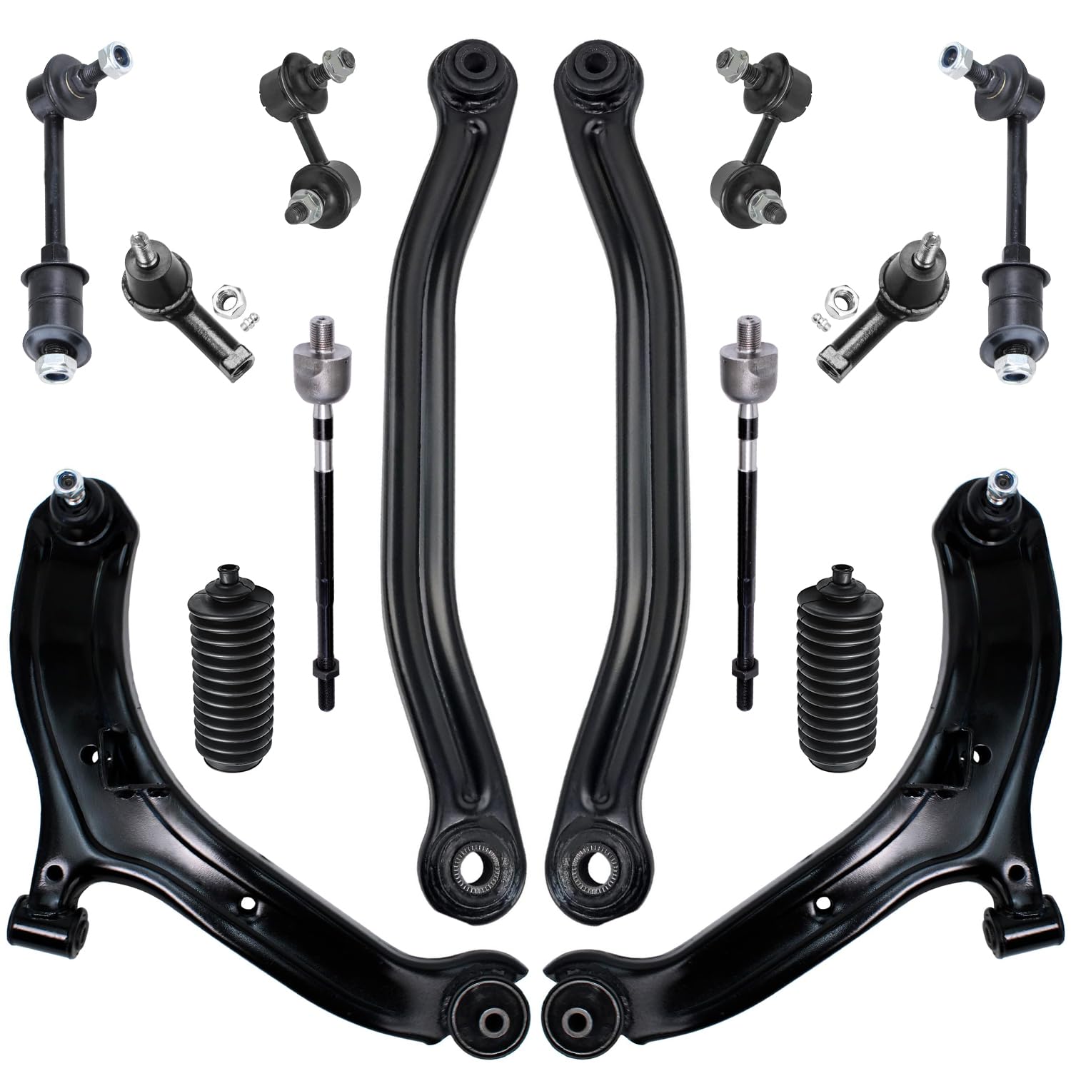 Detroit Axle - 14PC Front and Rear Lower Control Arms w/Sway Bars, Inner Outer Tie Rods and Rack Boots Replacement for 2000 2001