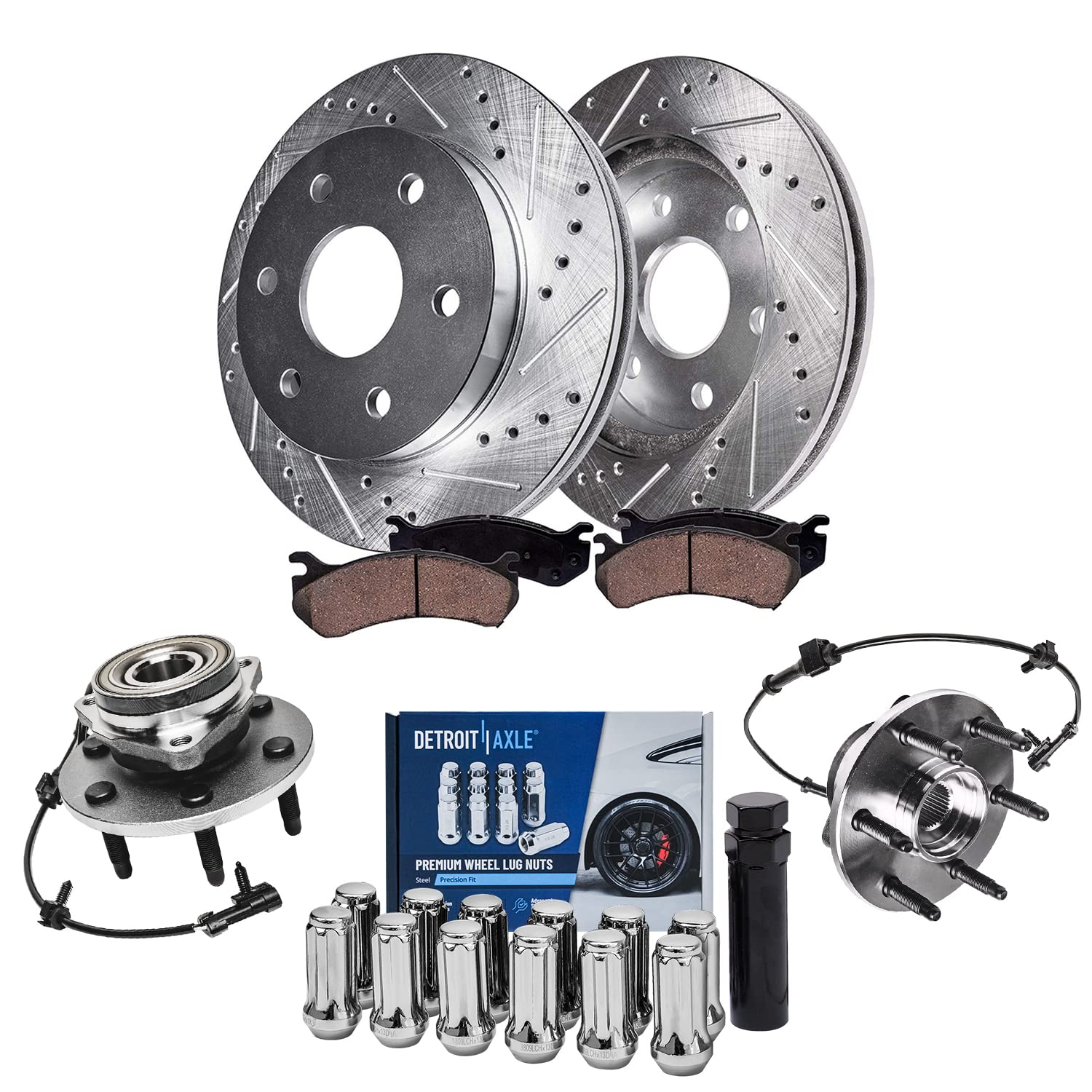 Detroit Axle - 4WD Front Drilled Rotors Brake Pads Wheel Hubs + 12pc Lug Nuts w/key Replacement for Sierra Silverado 1500 Escala