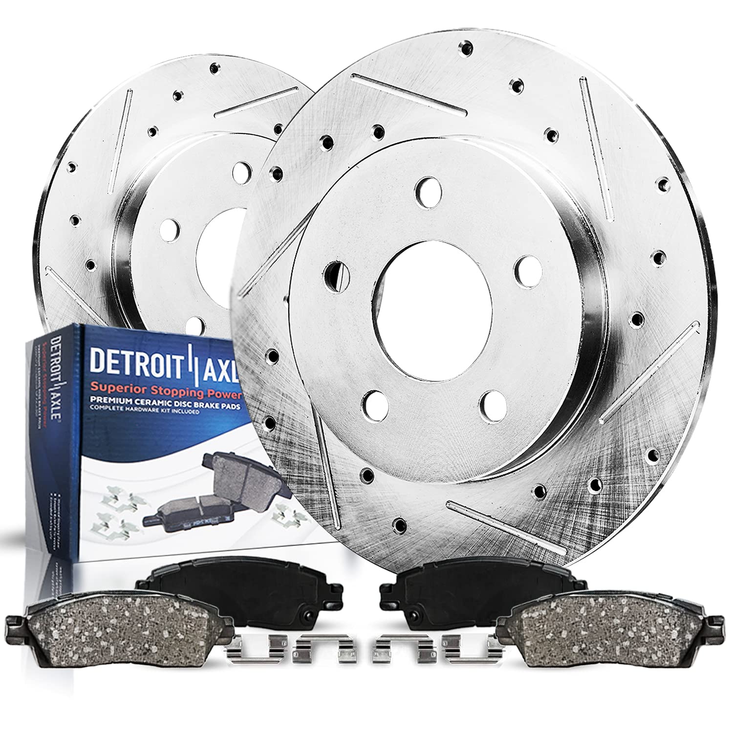 Detroit Axle - 2.0L Rear Brake Kit for 2004-2005 Mazda 3, Drilled and Slotted Disc Brake Rotors Ceramic Brake Pads w/Clip Replac