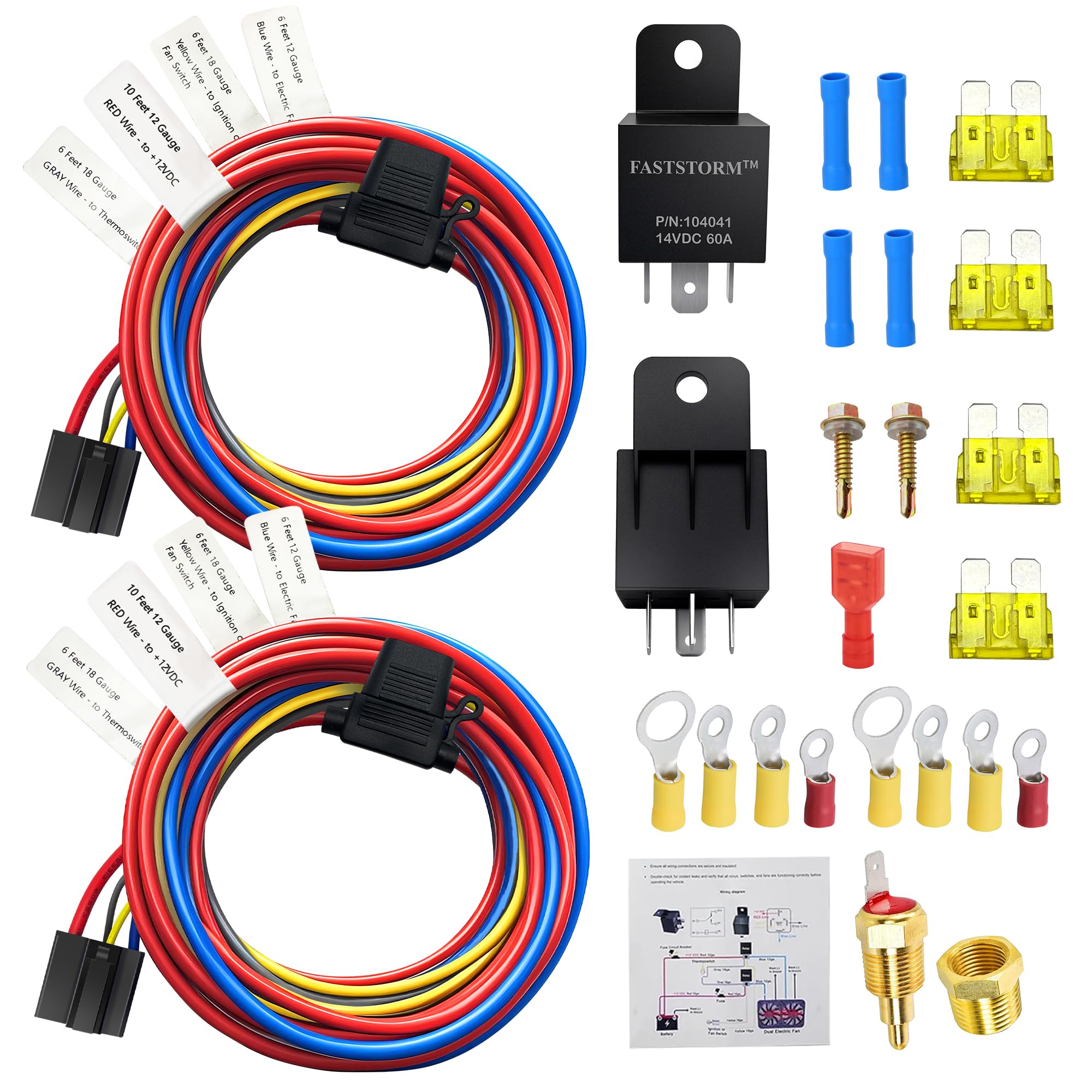 FASTSTORM Dual Electric Fan Relay Kit Electric Radiator Fan Kit Temperature Sensor Switch 200 On 185 Off Automotive Wiring Kit 6